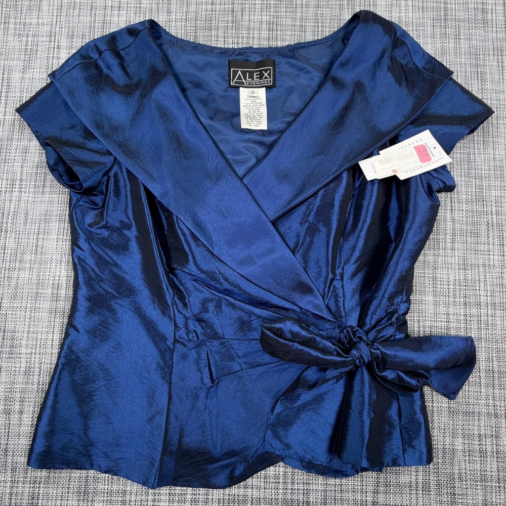 Alex Evenings Womens 12 Blue Satin Tie Waist Blouse NWT Formal Short Sleeve Top